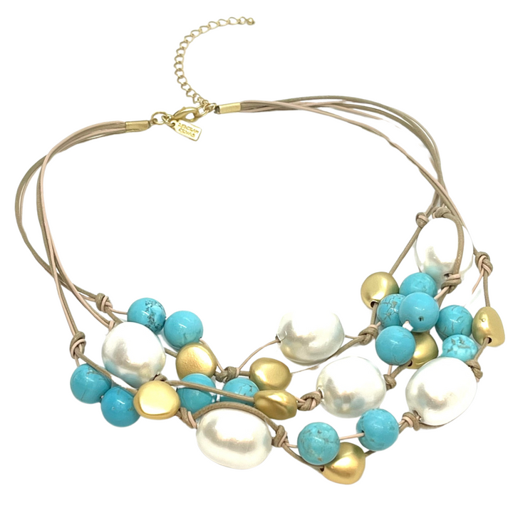 Turquoise Howlite and Cotton Pearl Torsade Necklace