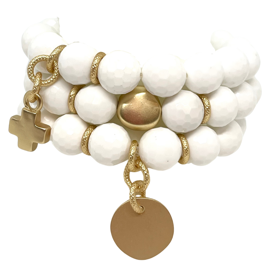 White Jade Stretch Bracelet With Matte Gold Nugget