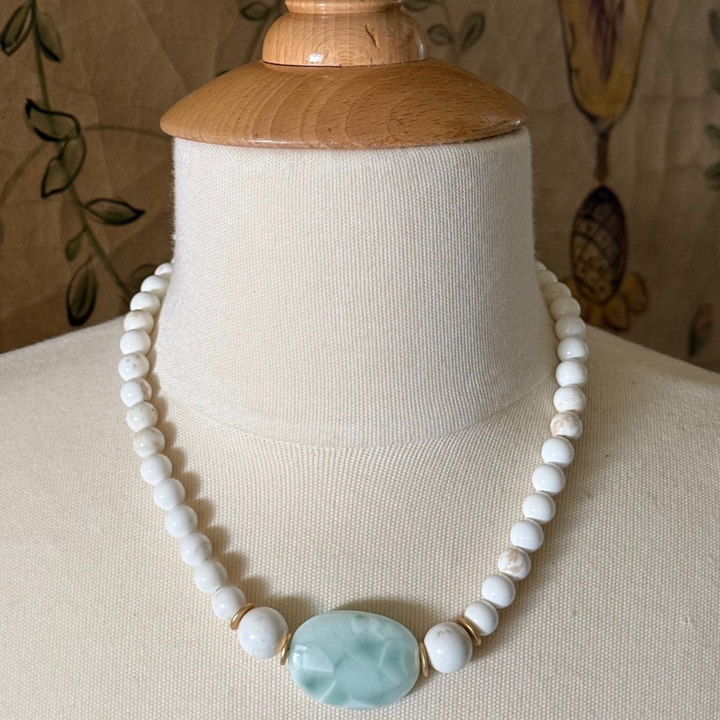 White Magnesite And Angelite Center Stone Necklace