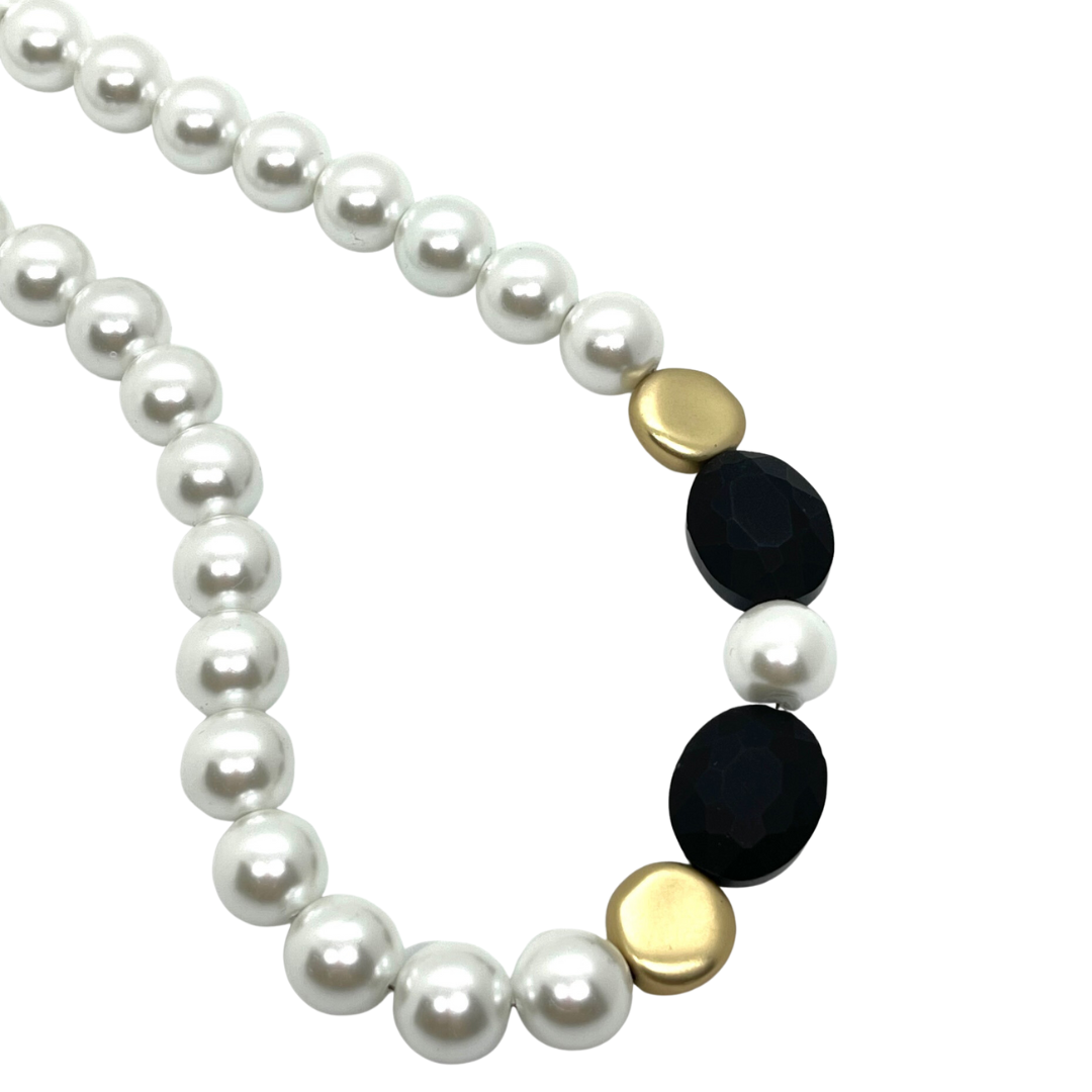 White Glass Pearl And Matte Black Crystal With Gold Side Accent Necklace