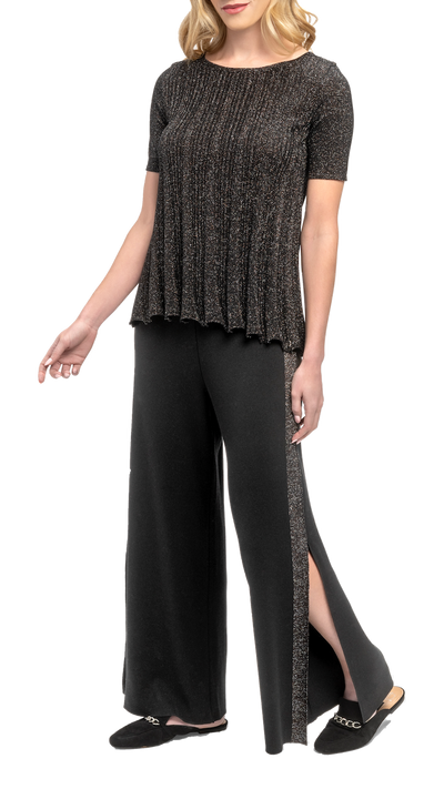 Tracey Wide Leg Milano-knit Pants with Shimmery Side Stripe and a Slit; Black/Black Shimmer