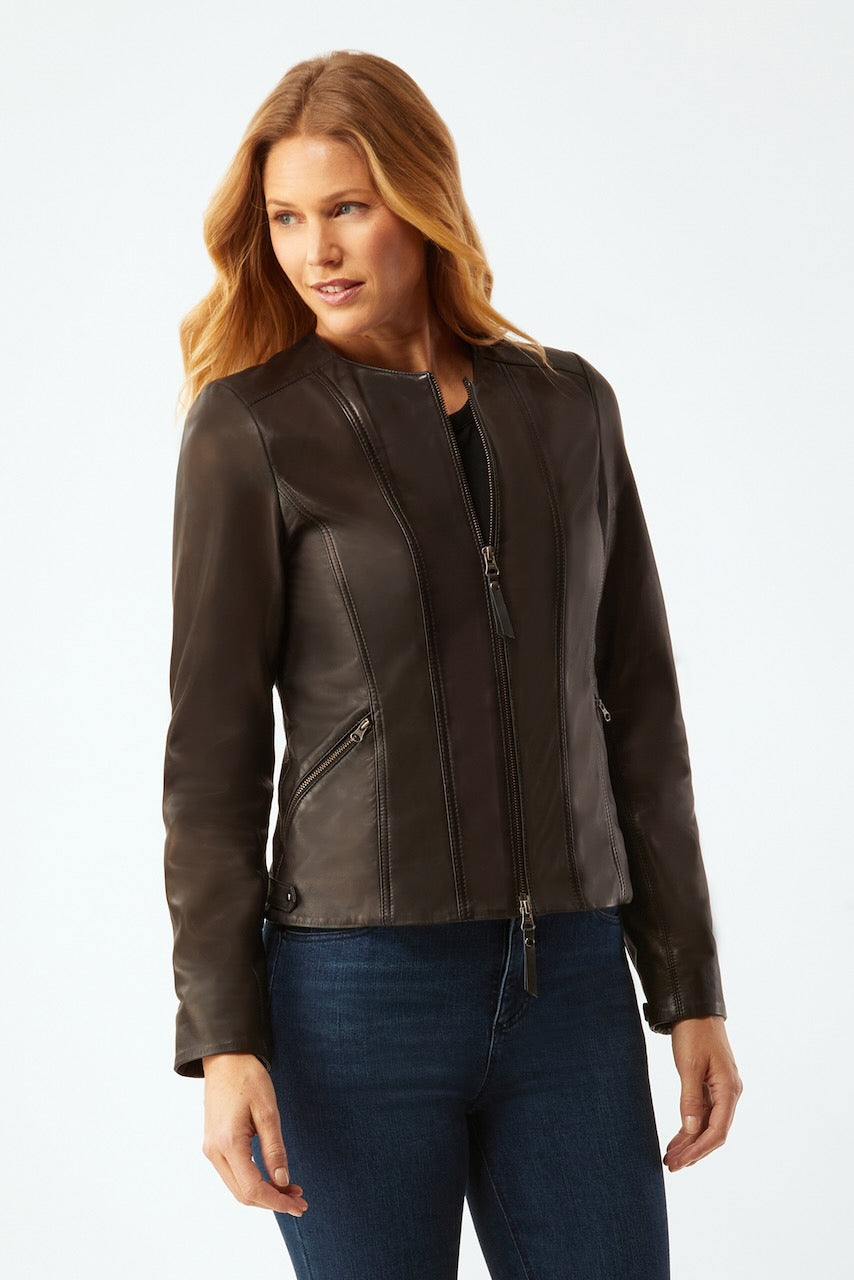 Waxed Leather Zip Jacket - Black
